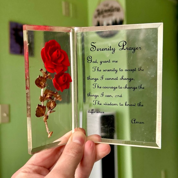 Other - VTG Serenity Prayer Glass Encased Faux Floral Rose Cottagecore Glassware Art